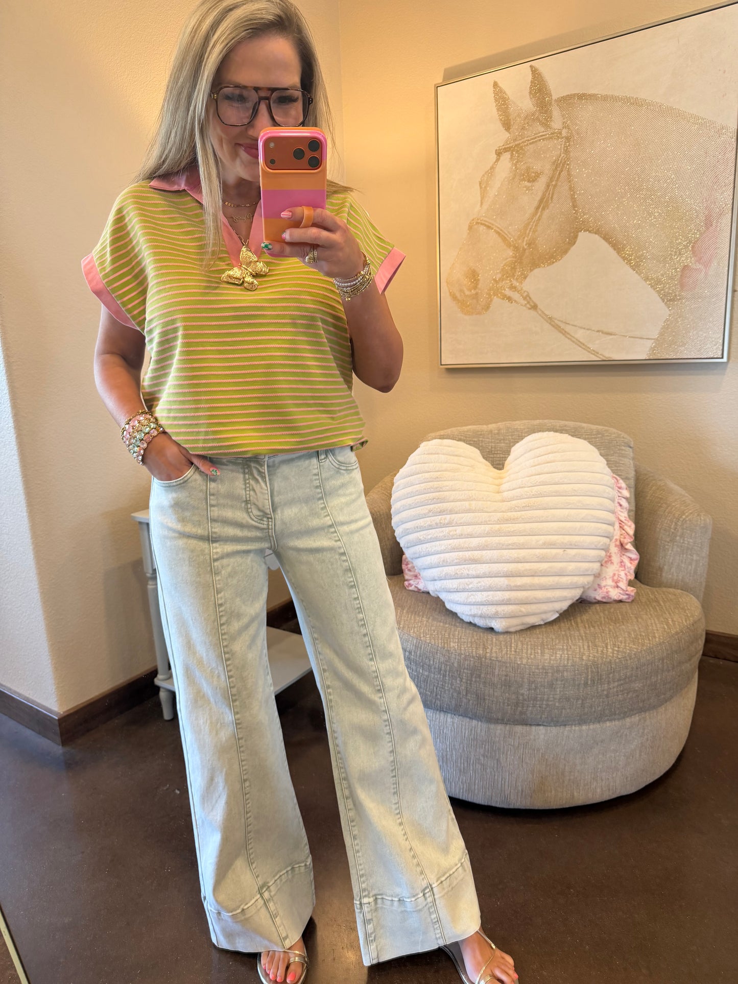 Risen Pistachio Mid Rise Wide Leg Tummy Control Jeans