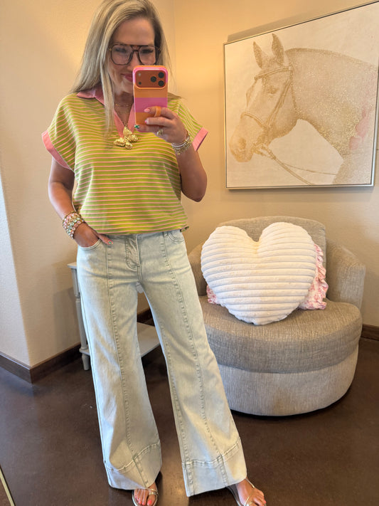 Risen Pistachio Mid Rise Wide Leg Tummy Control Jeans