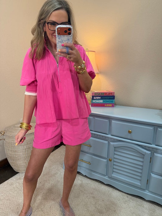 Hot Pink Mock Neck Band Puff Sleeve Blouse