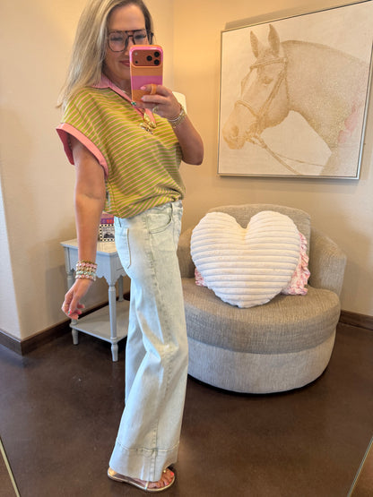 Risen Pistachio Mid Rise Wide Leg Tummy Control Jeans
