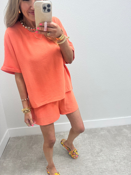 Coral Poly Two Piece Short Set