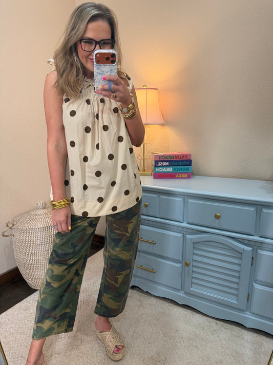 Brown Tie Strap Smocked Polka Dot Top