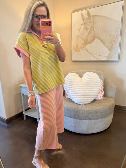 Pink and Green Stripe Two Piece Pant Set