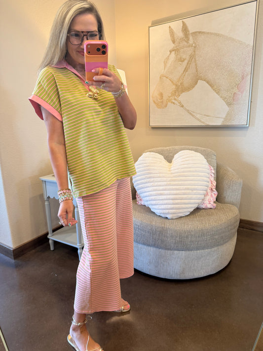 Pink and Green Stripe Two Piece Pant Set
