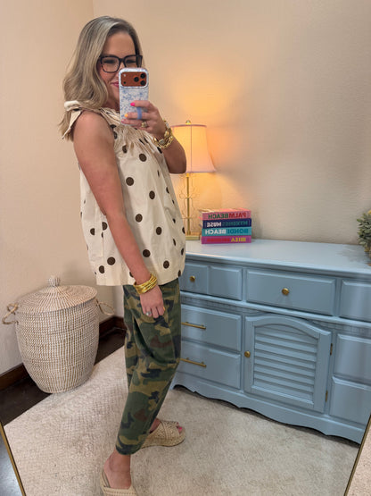 Brown Tie Strap Smocked Polka Dot Top