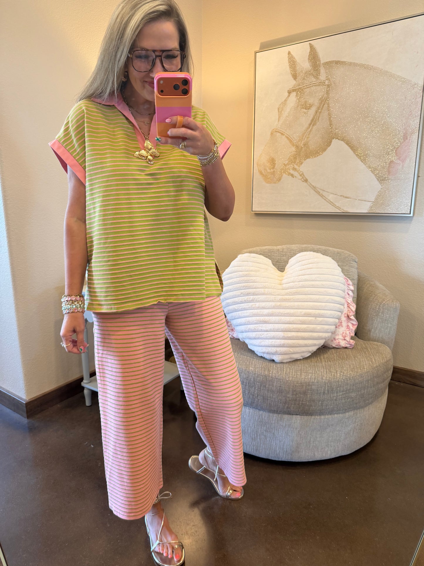 Pink and Green Stripe Two Piece Pant Set