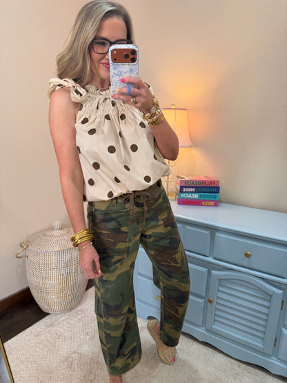 Brown Tie Strap Smocked Polka Dot Top