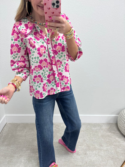 Pink and White 3/4 Scallop Trim Floral Top