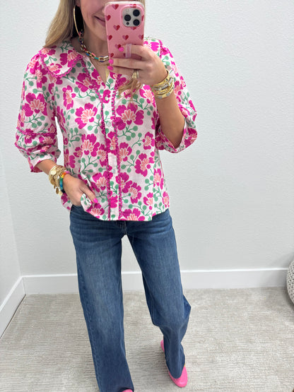 Pink and White 3/4 Scallop Trim Floral Top