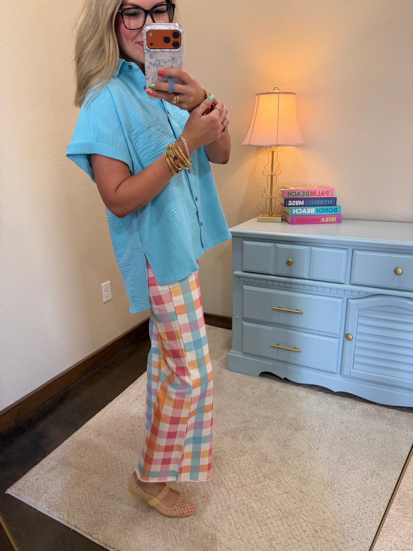 Multi Colored Plaid Comfort Stretch Wide Leg Jean