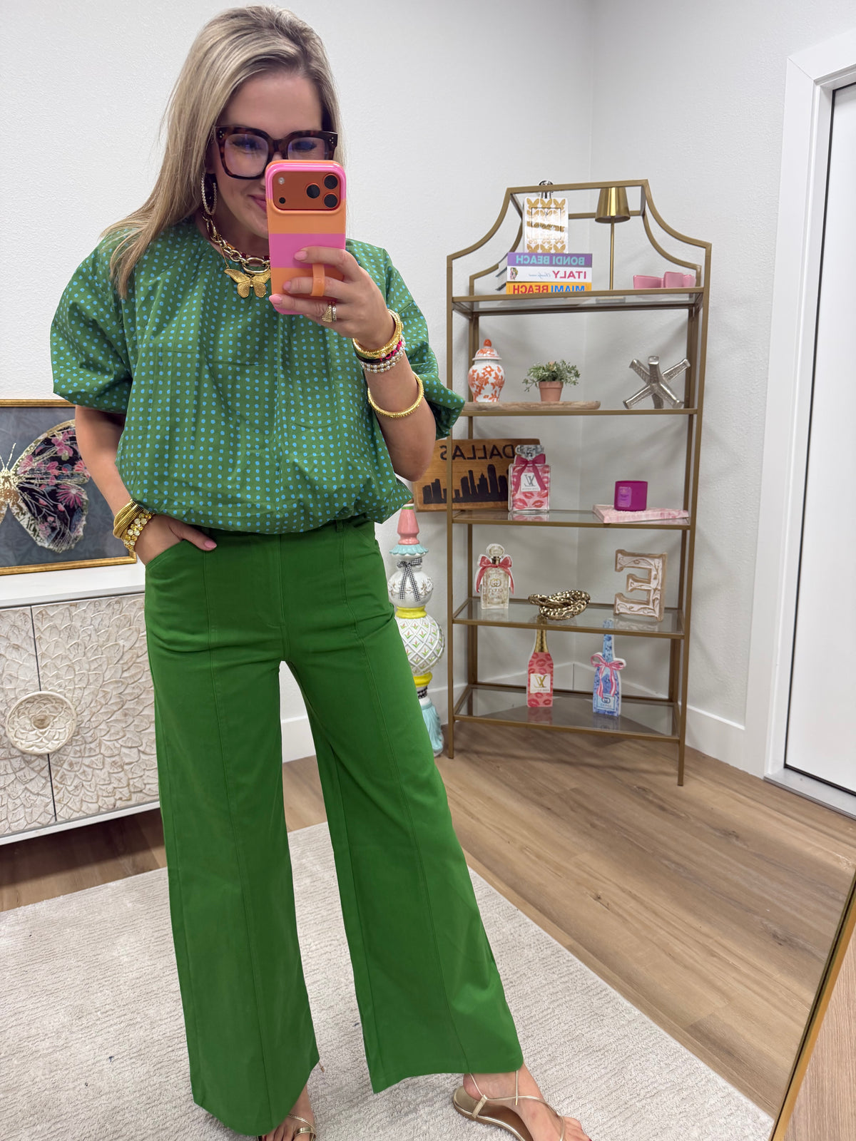 Green High Rise Wide Leg Pants