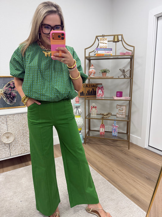 Green High Rise Wide Leg Pants