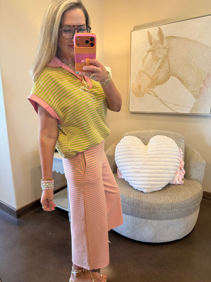 Pink and Green Stripe Two Piece Pant Set