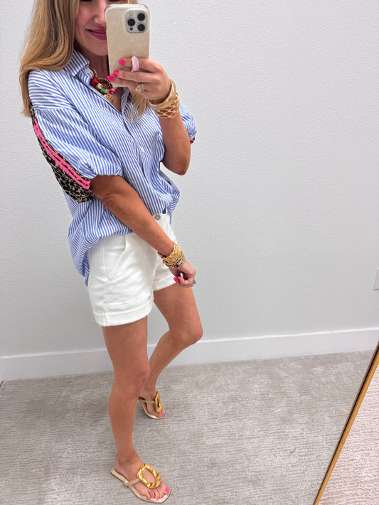 Blue and White Striped Top with Leopard Back