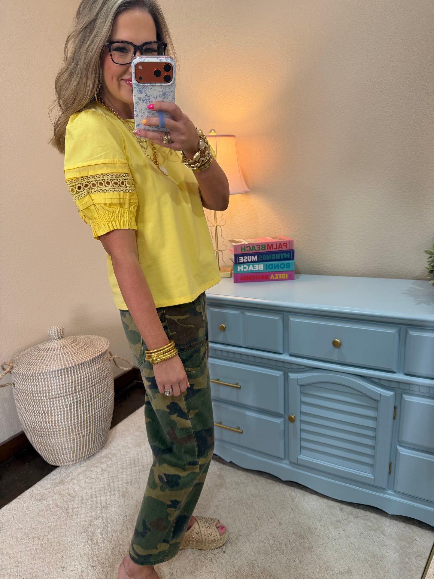 Yellow Lace Accent Puff Sleeves Lovely Top