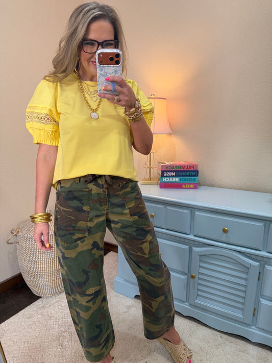 Yellow Lace Accent Puff Sleeves Lovely Top