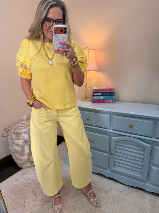 Yellow Lace Accent Puff Sleeves Lovely Top