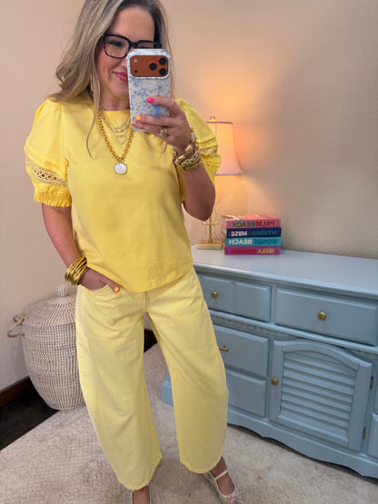 Yellow Lace Accent Puff Sleeves Lovely Top