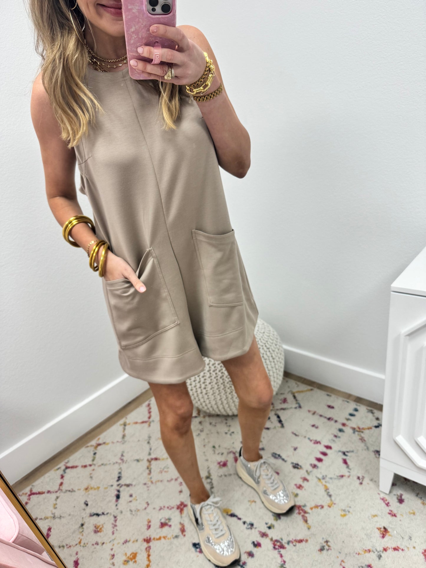 Latte Solid Romper with Front Pockets