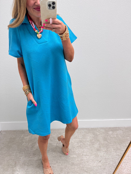 Turquoise Collared Textured Dress