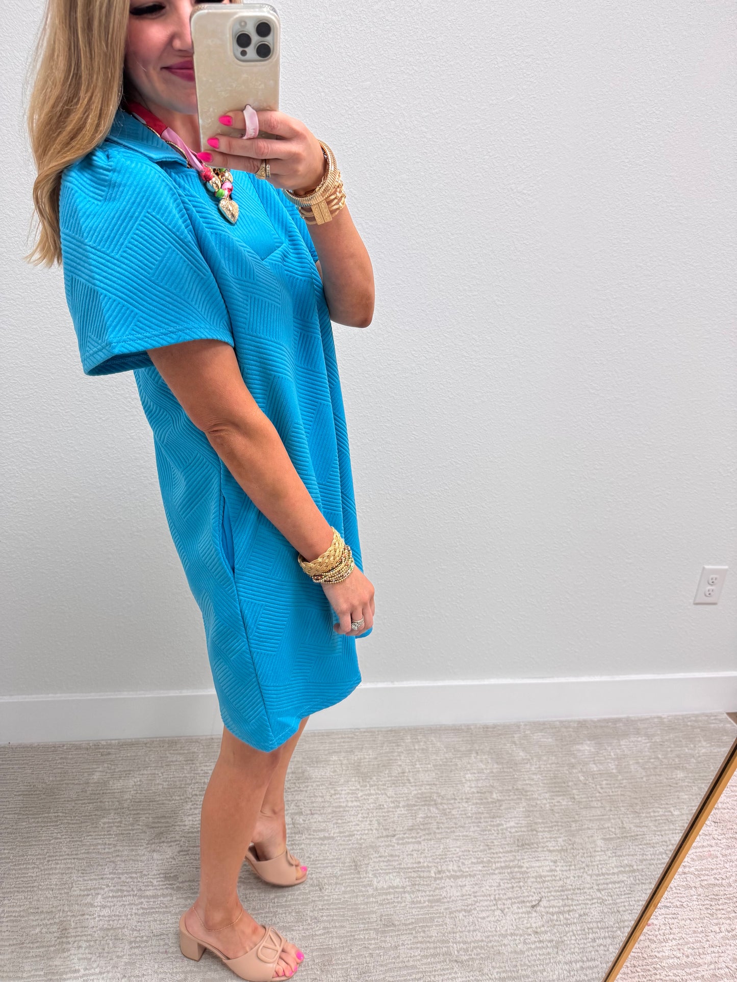 Turquoise Collared Textured Dress