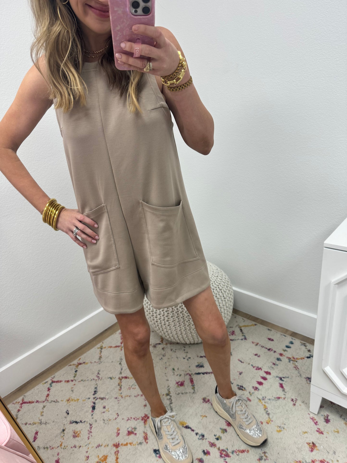 Latte Solid Romper with Front Pockets