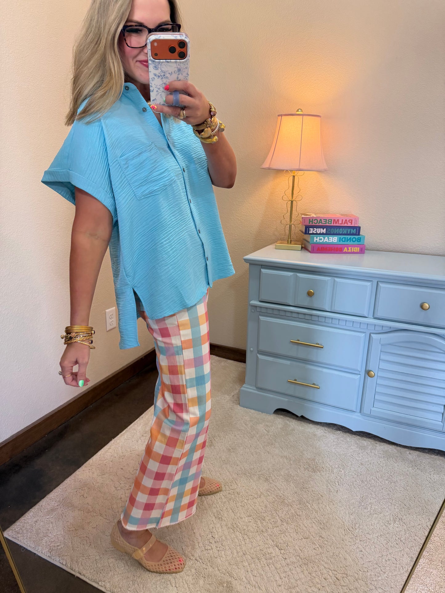 Multi Colored Plaid Comfort Stretch Wide Leg Jean