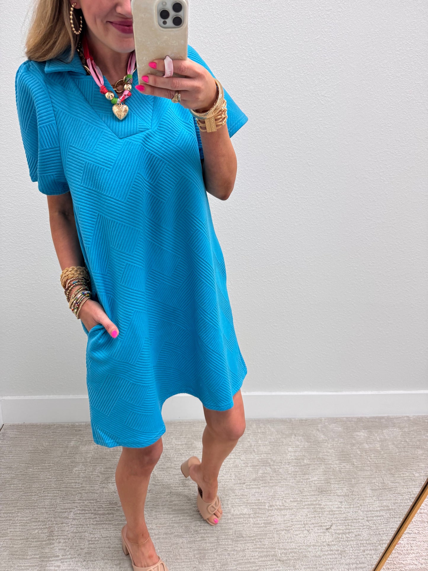 Turquoise Collared Textured Dress