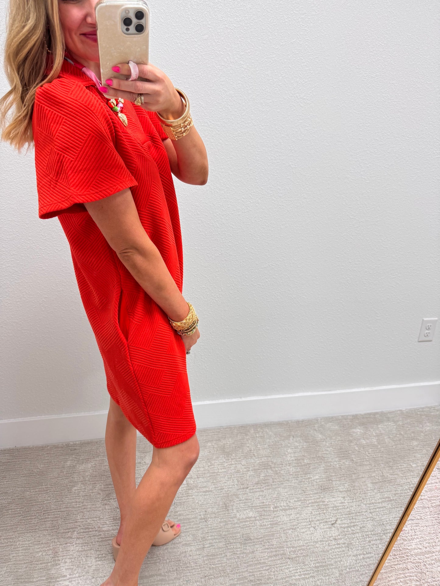 Tangerine Collared Textured Dress
