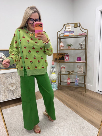 Green Flower Print Split Hem Pullover Top