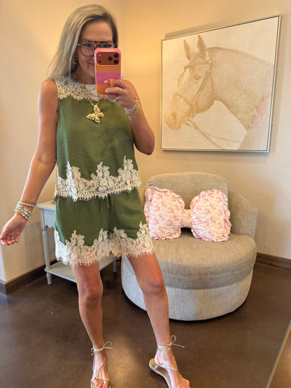 Olive Lace Shorts Set