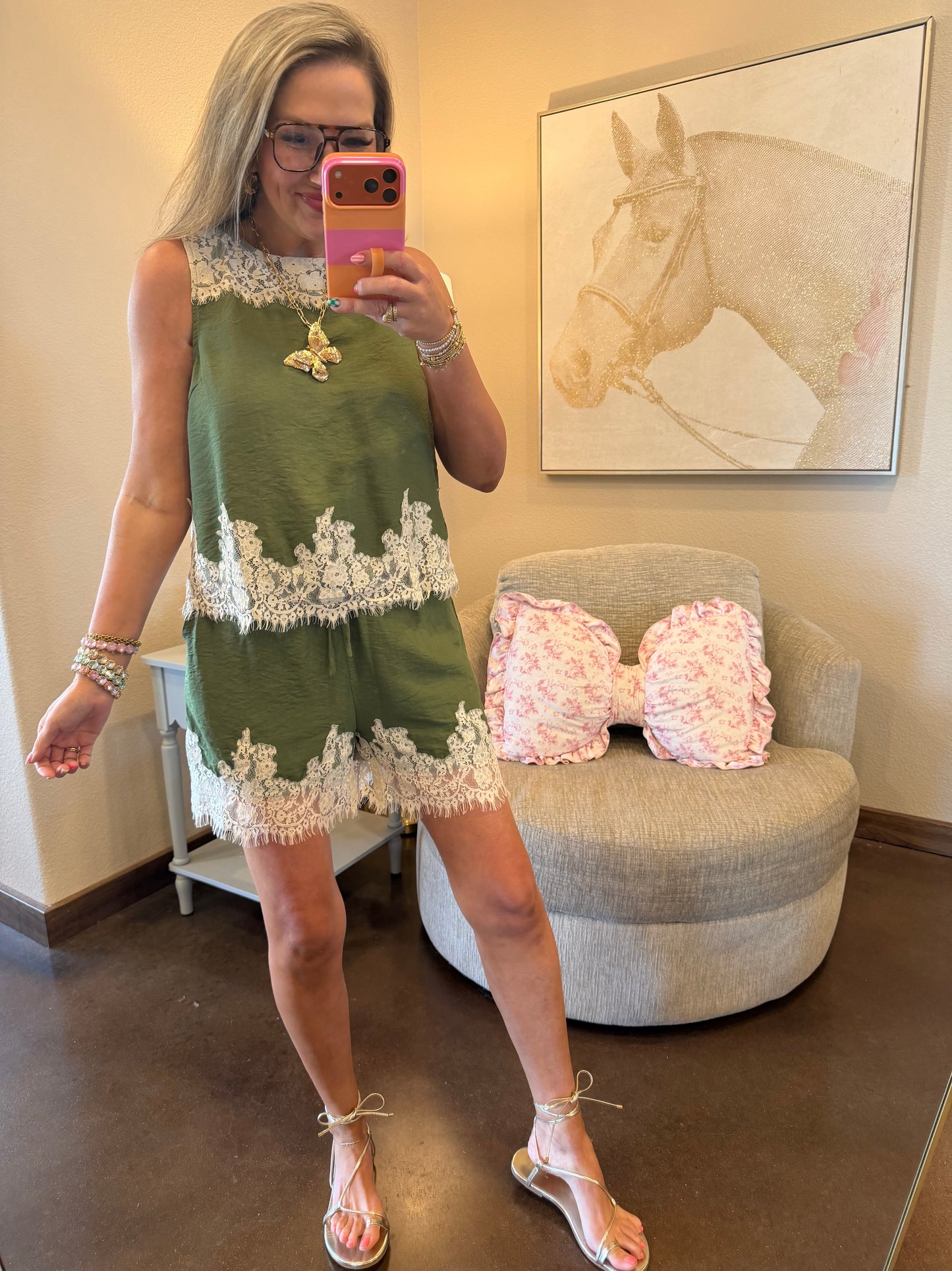 Olive Lace Shorts Set