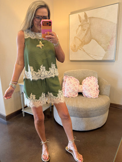 Olive Lace Shorts Set