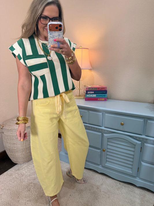 Green and Cream Strip Round Neck Pocket Top