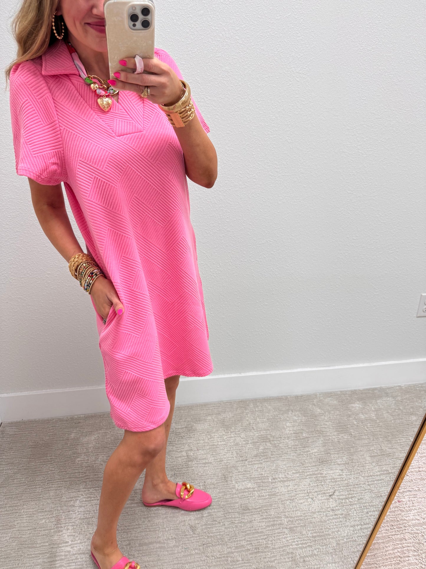 Bubble Gum Pink Collared Textured Dress