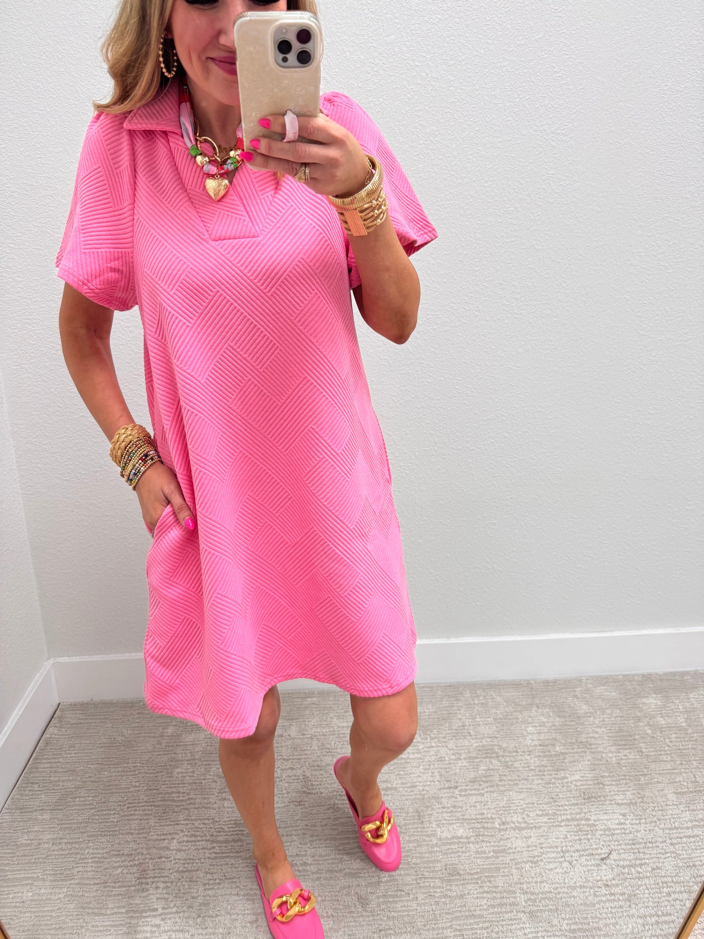 Bubble Gum Pink Collared Textured Dress