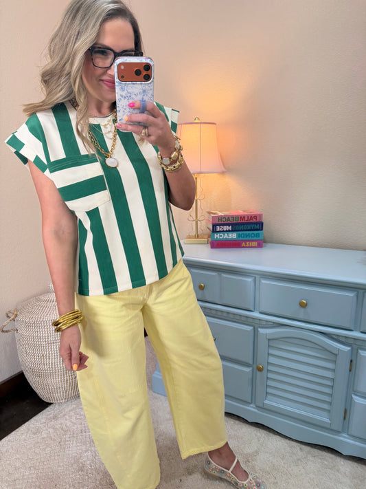 Green and Cream Strip Round Neck Pocket Top