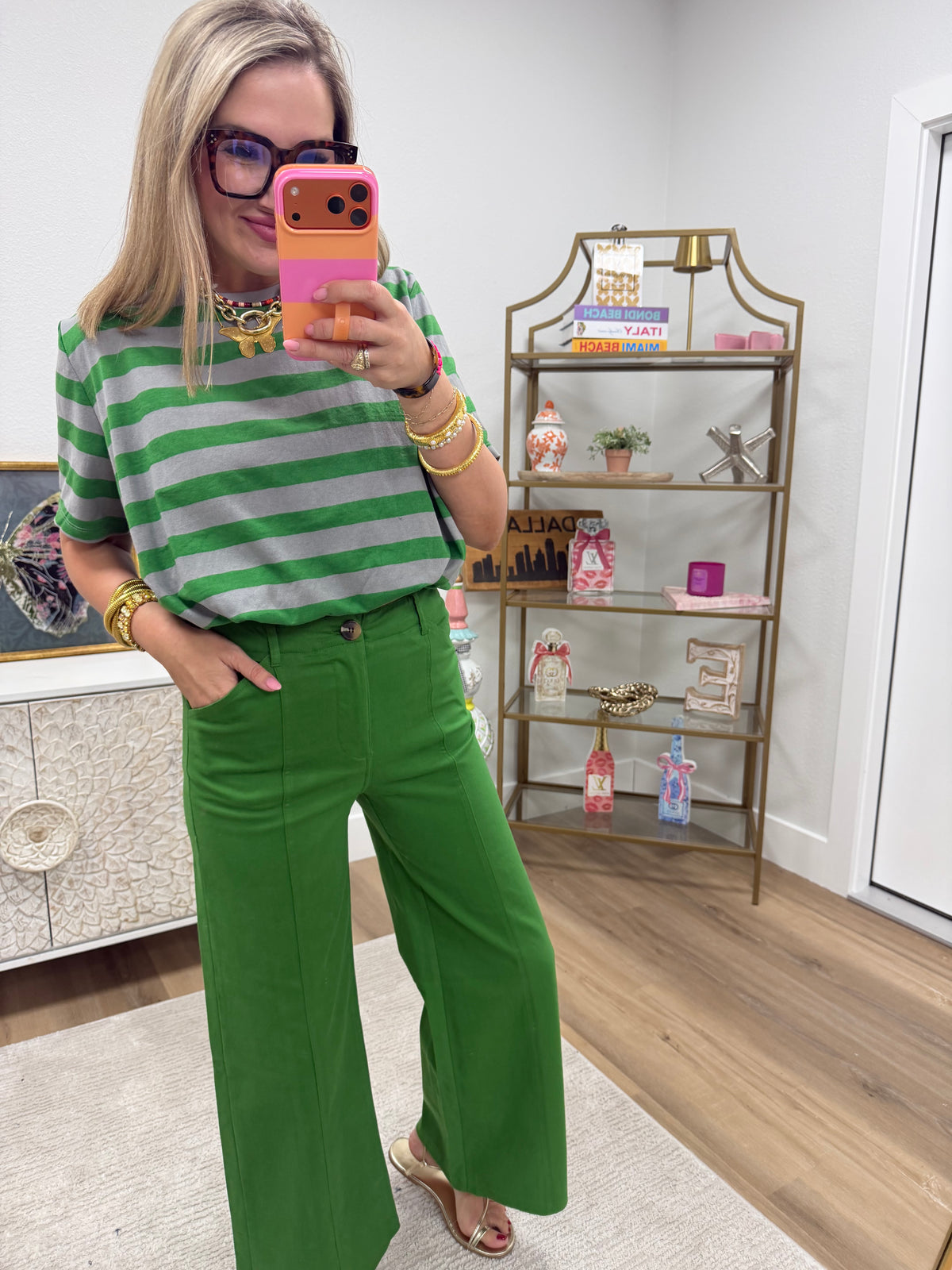 Green & Grey Cropped Bubble Stripe Cotton Top