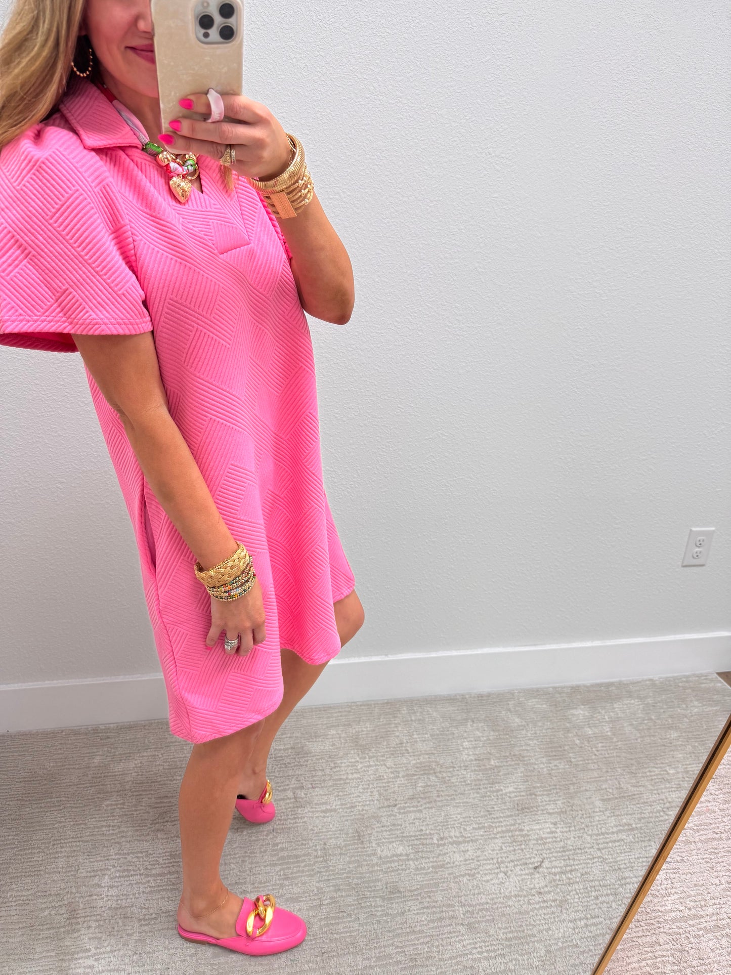 Bubble Gum Pink Collared Textured Dress