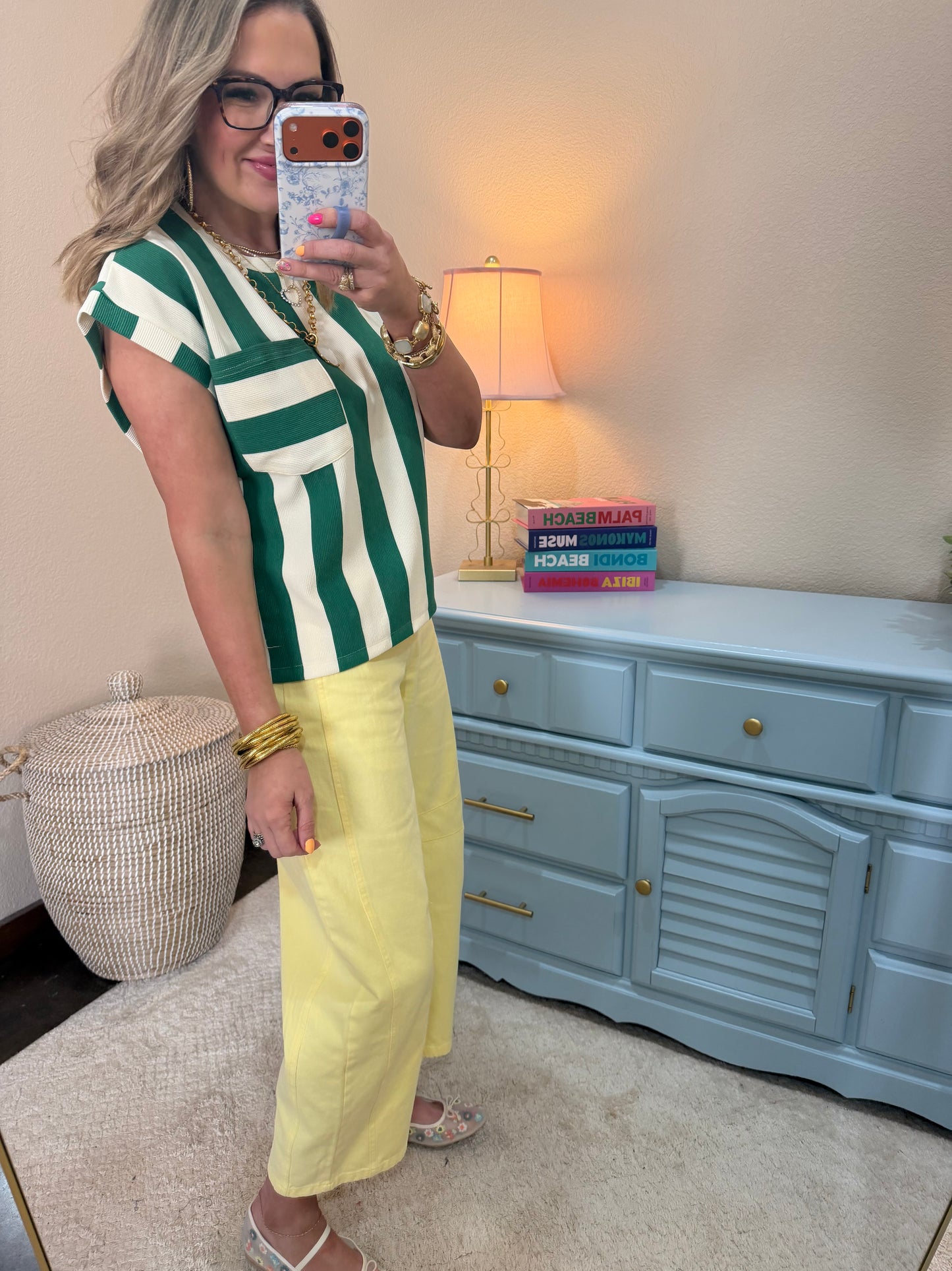 Green and Cream Strip Round Neck Pocket Top