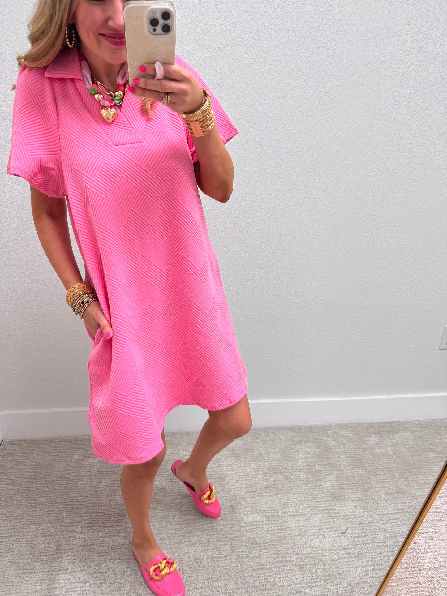 Bubble Gum Pink Collared Textured Dress