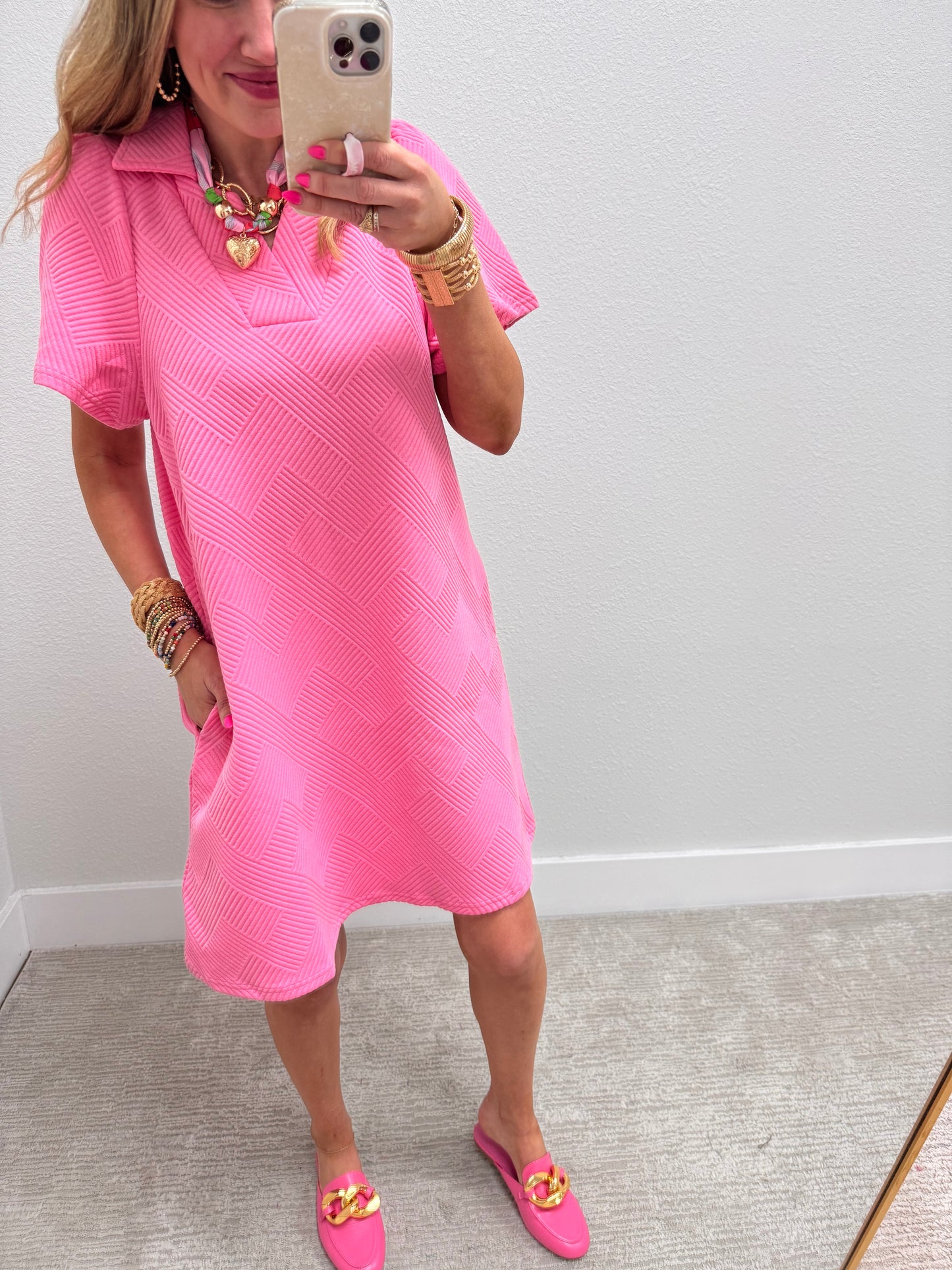 Bubble Gum Pink Collared Textured Dress