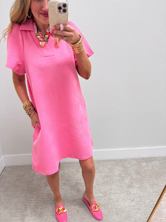 Bubble Gum Pink Collared Textured Dress