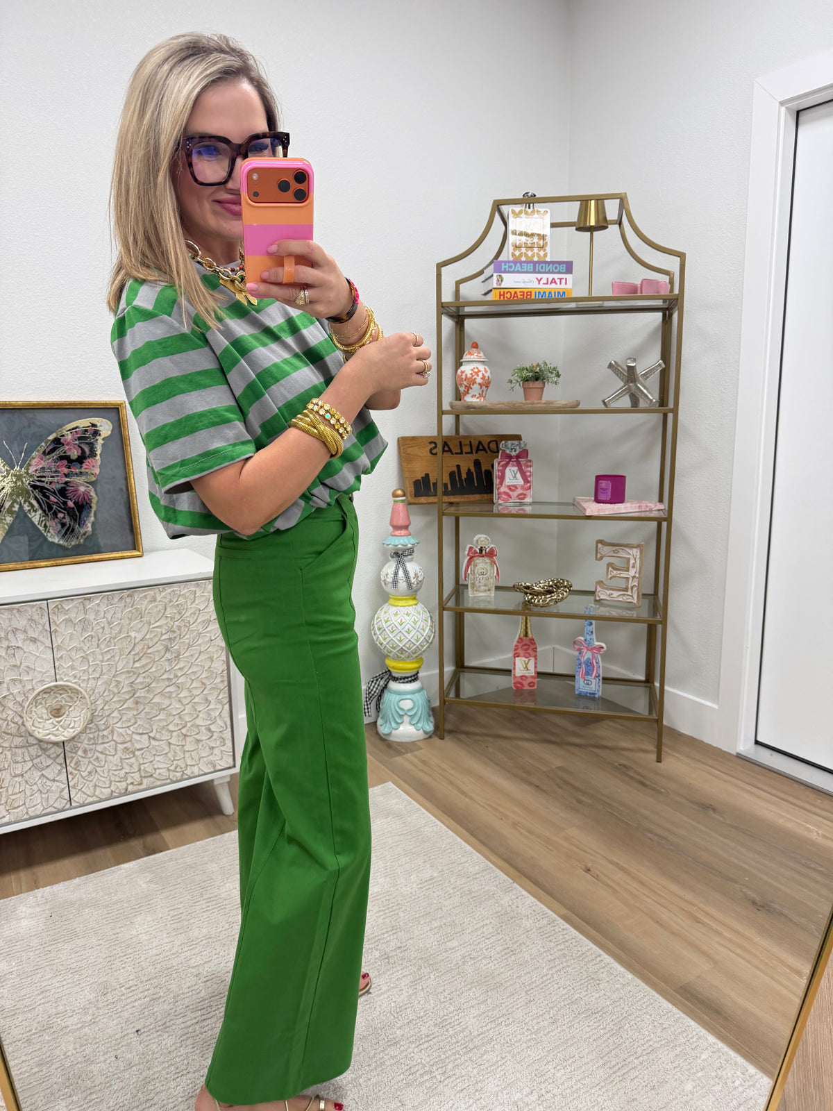 Green & Grey Cropped Bubble Stripe Cotton Top