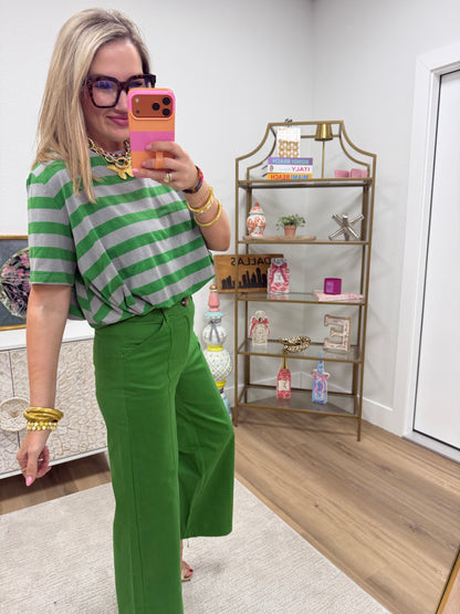 Green & Grey Cropped Bubble Stripe Cotton Top