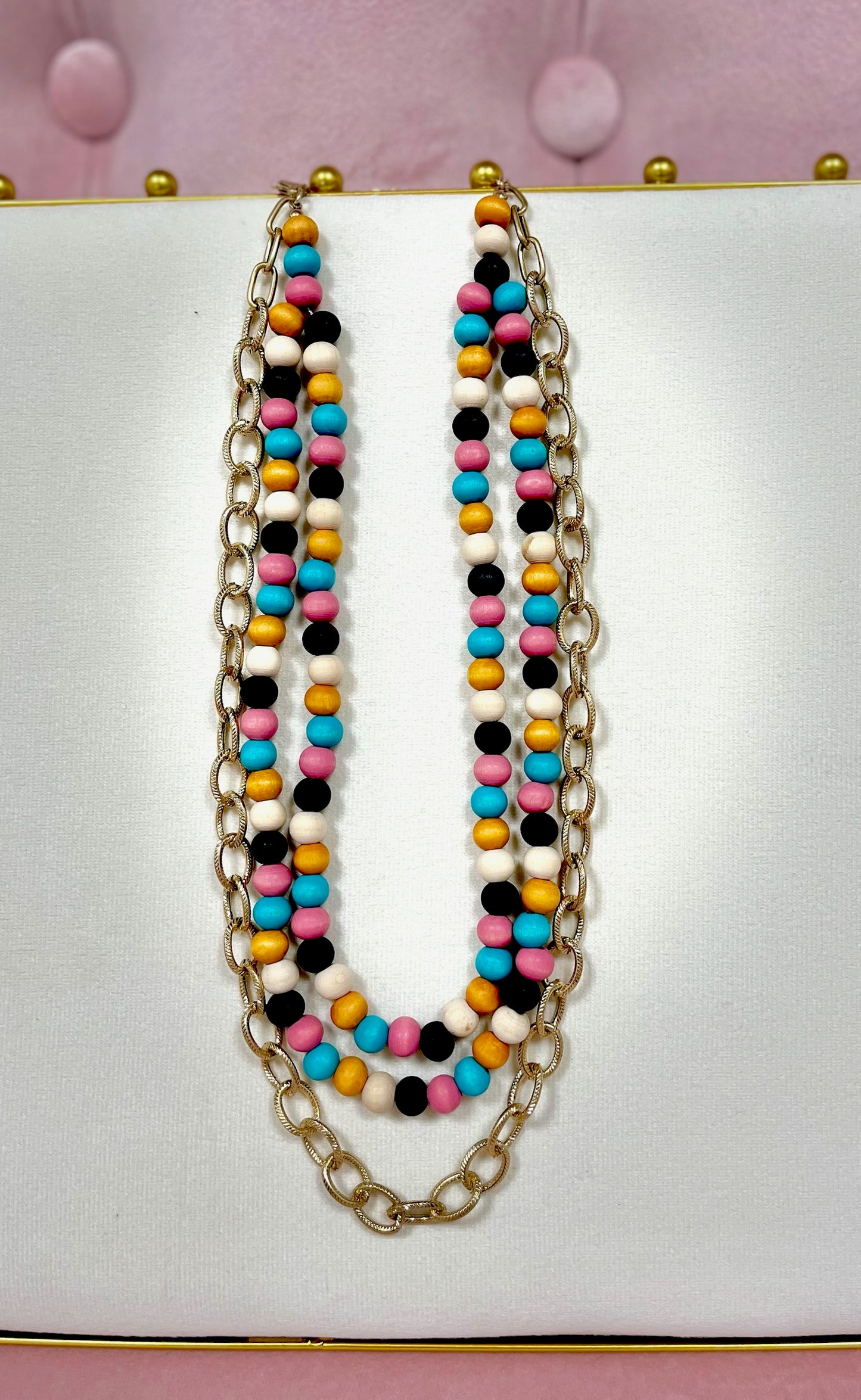 Three Strand Colored Bead and Gold Necklace