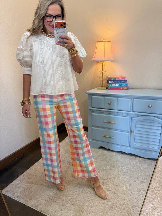 Multi Colored Plaid Comfort Stretch Wide Leg Jean