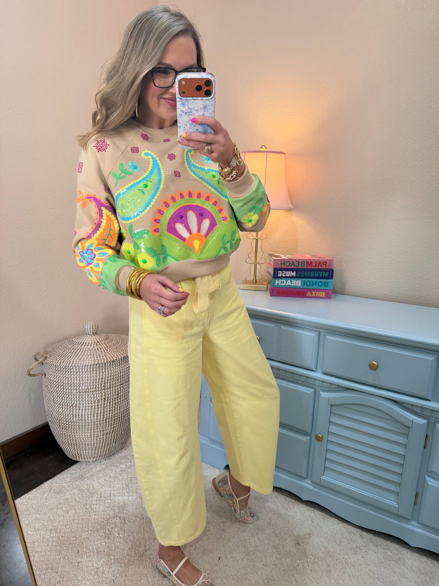 Queen of Sparkles Beige and Neon Paisley Sweatshirt