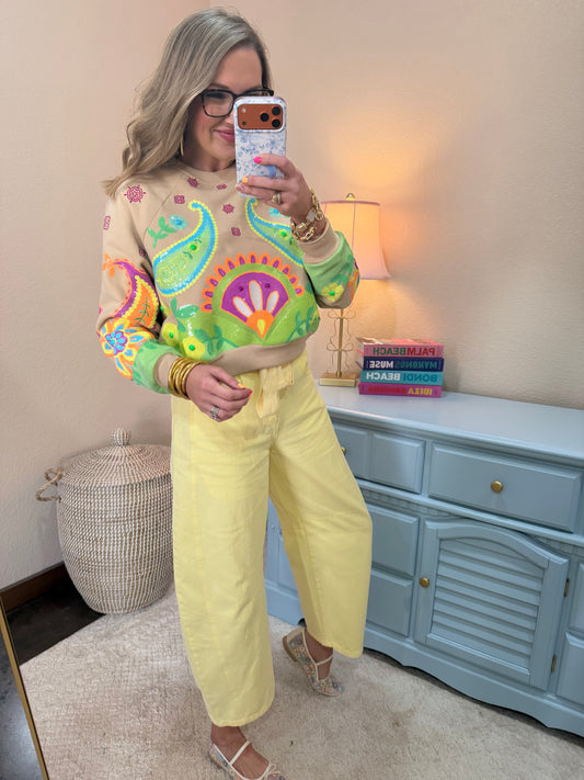 Queen of Sparkles Beige and Neon Paisley Sweatshirt