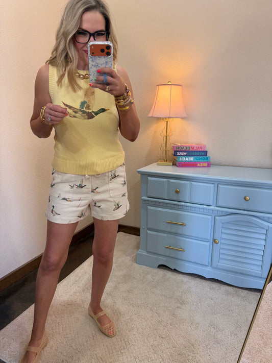 Ivory Mallard Duck Print Drawstring Relaxed Fit Shorts